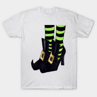 Witches Shoes with Lime Green and Black Stripe Sock Design T-Shirt